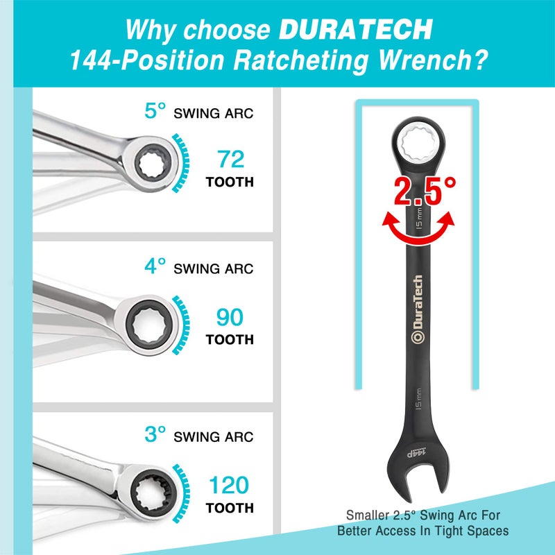 DURATECH Ratcheting Combination Wrench Set, 144-P, Double-Stacked Pawls, 8 Piece, Metric, 8, 10, 11, 12, 13, 14, 15, 17mm, CR-V Steel, Black Chrome Plated, with Organizer Pouch - Image 2